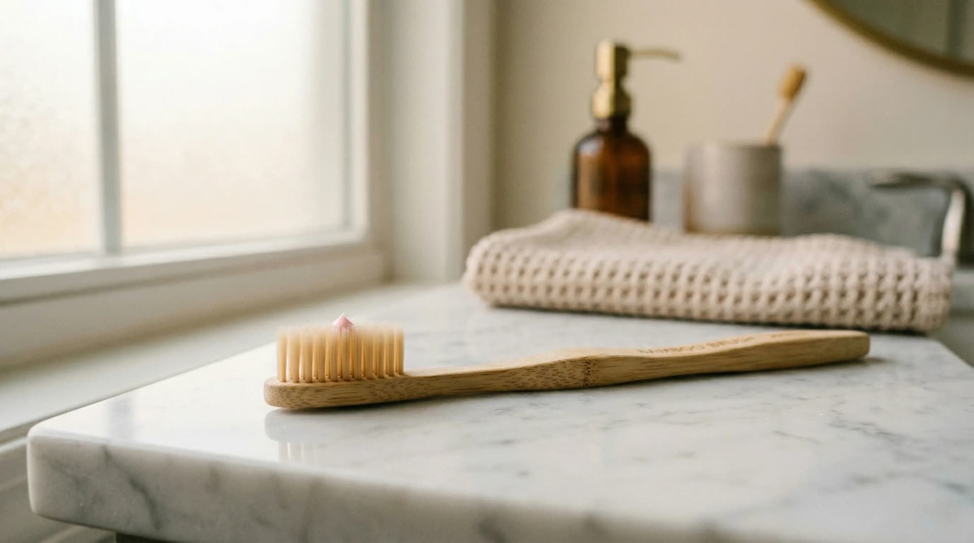 Eco-friendly toothbrush and toothpaste in a warm bathroom setting