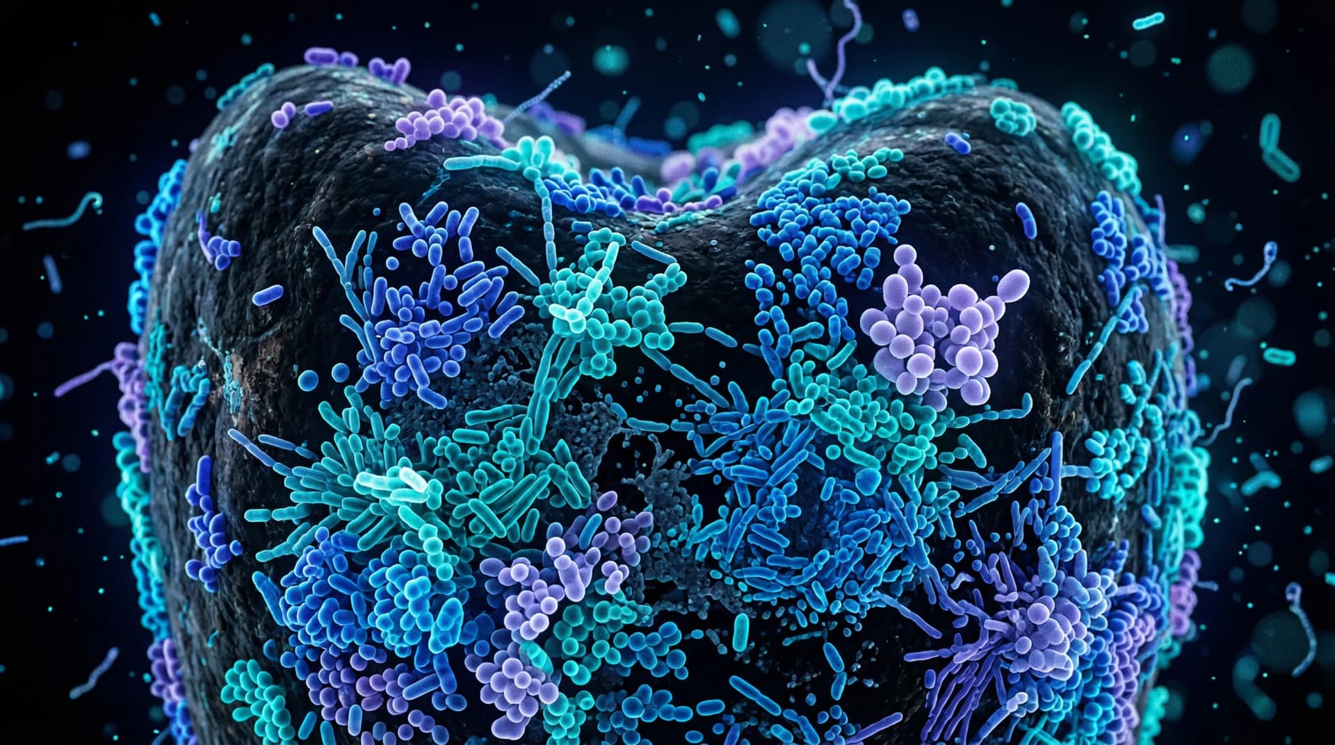 Closeup illustration of Streptococcus mutans bacteria on a tooth surface
