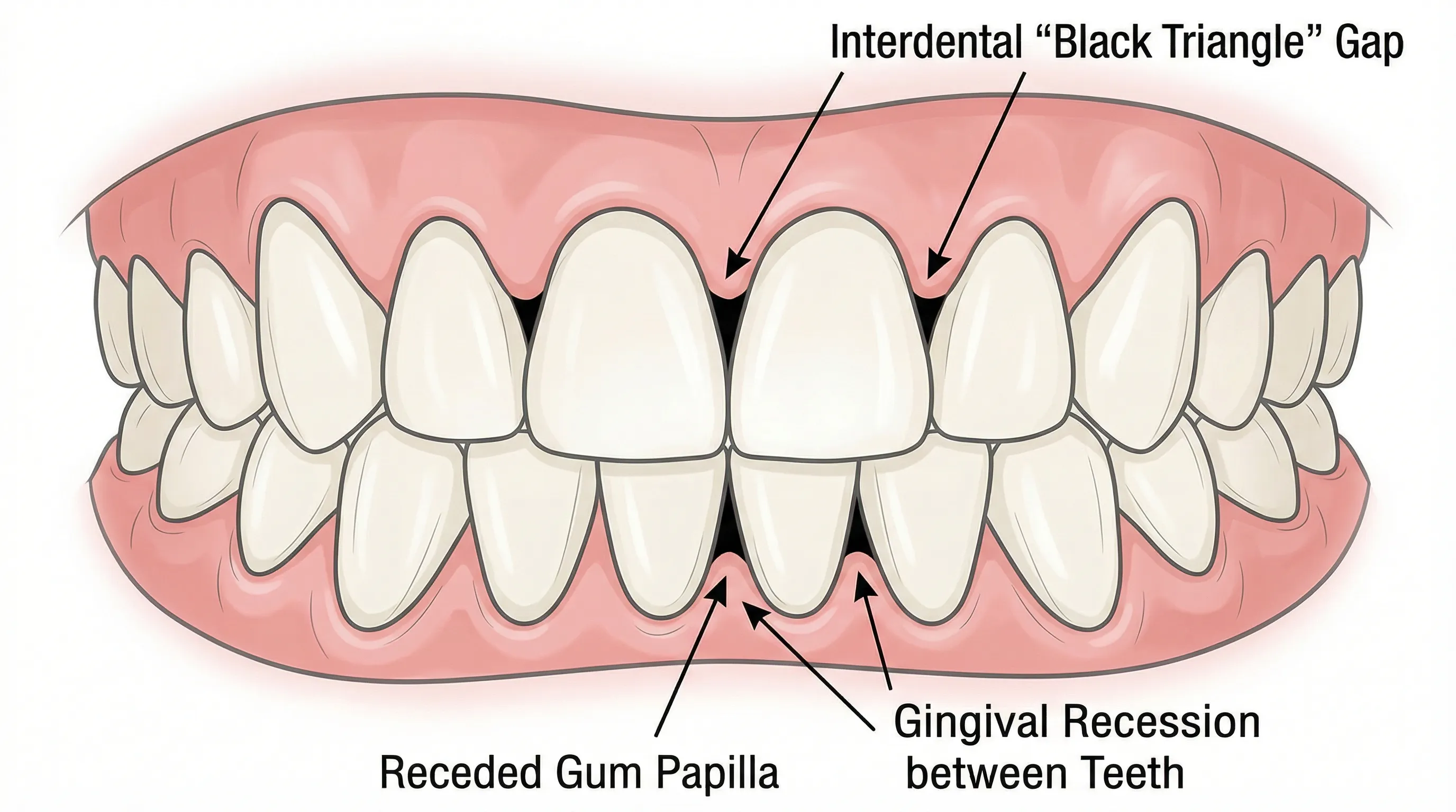 Illustration of black triangle spaces between teeth due to gum recession
