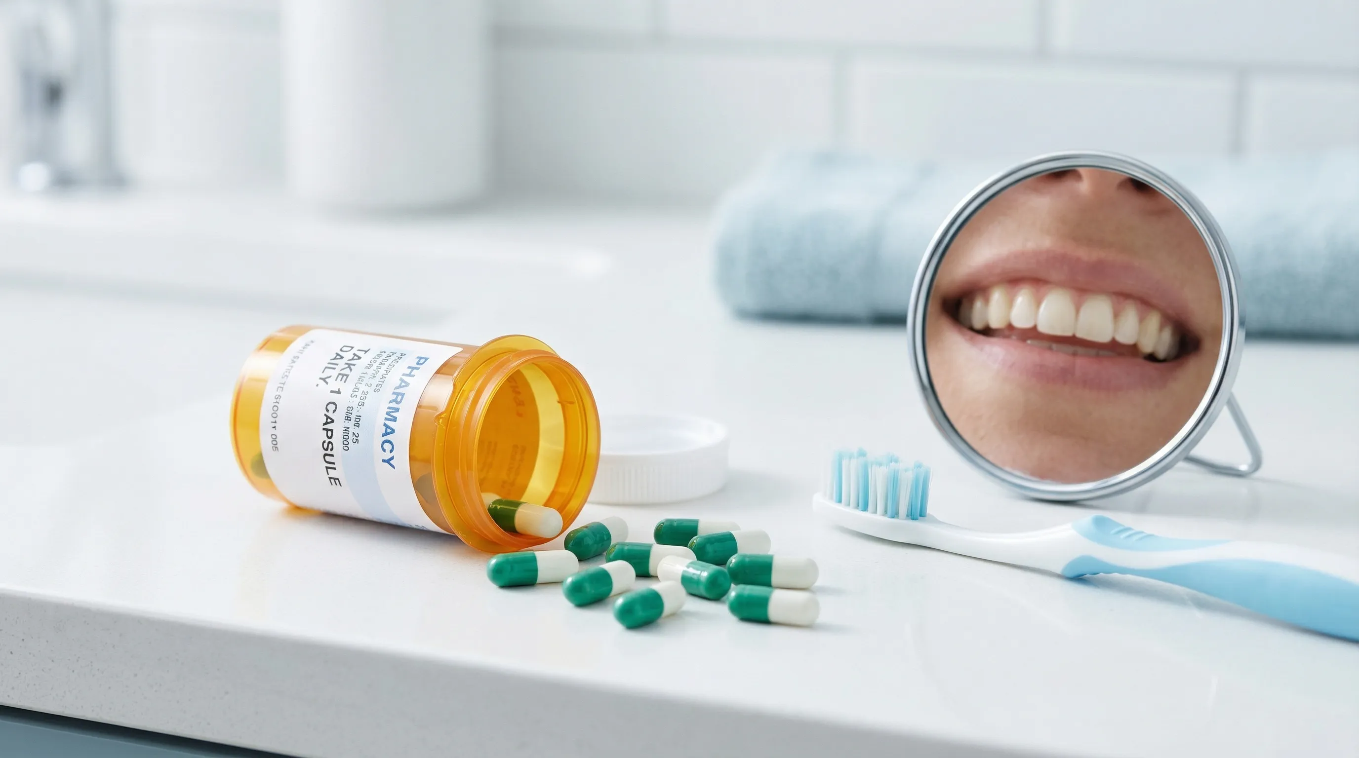 Antibiotic pills with illustration of oral bacteria disruption