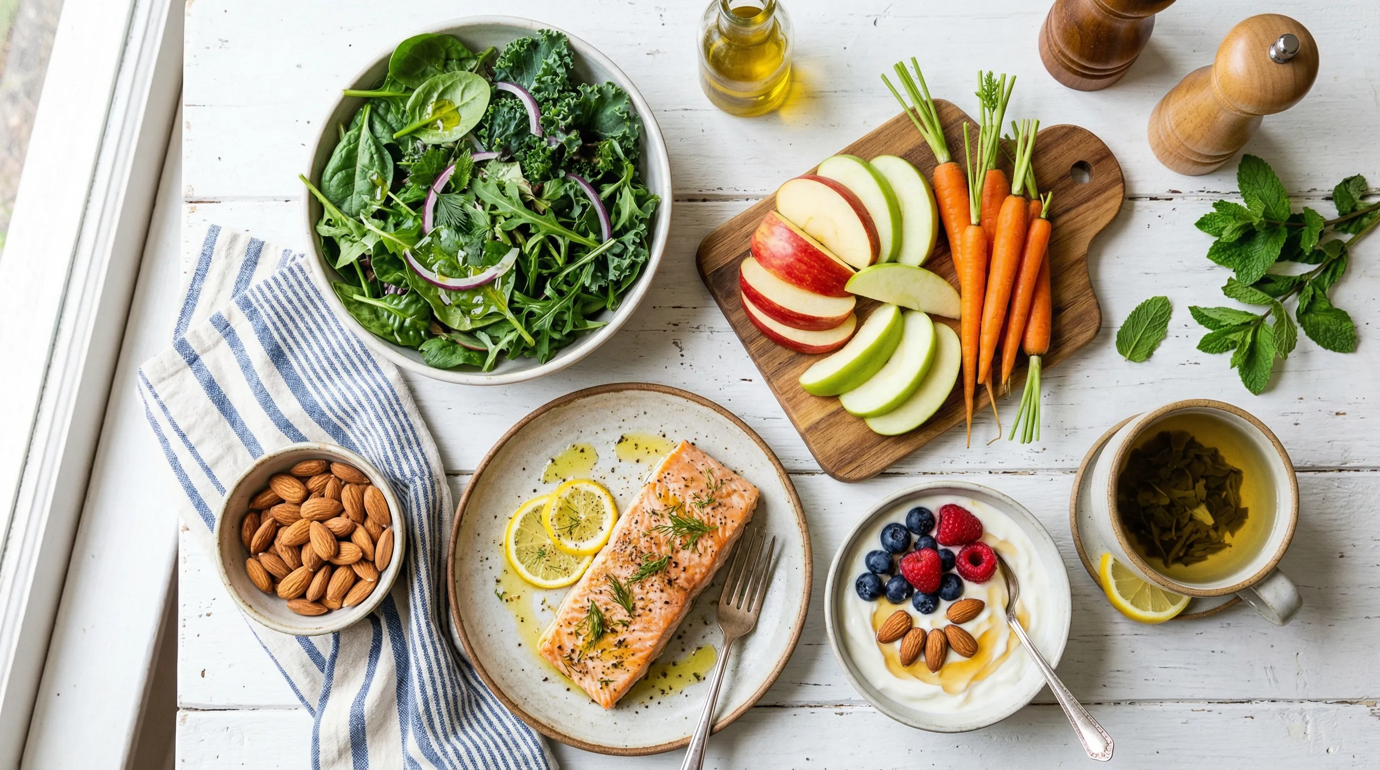 Array of healthy foods that support gum health