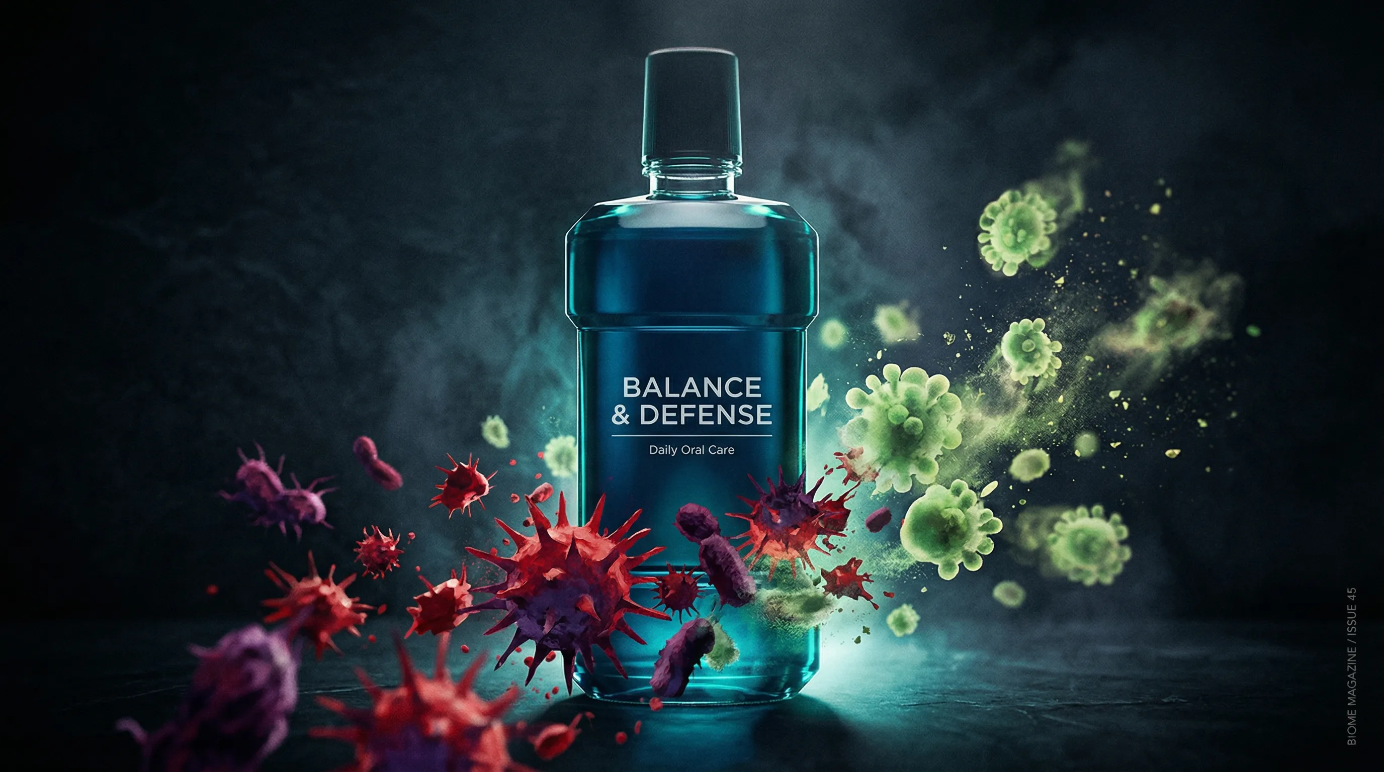 Mouthwash bottle with illustration of oral bacteria