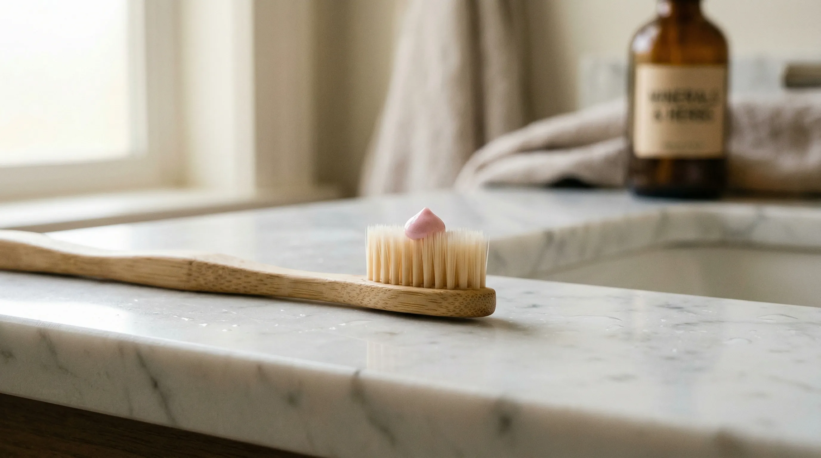 Person examining bleeding gums while brushing teeth