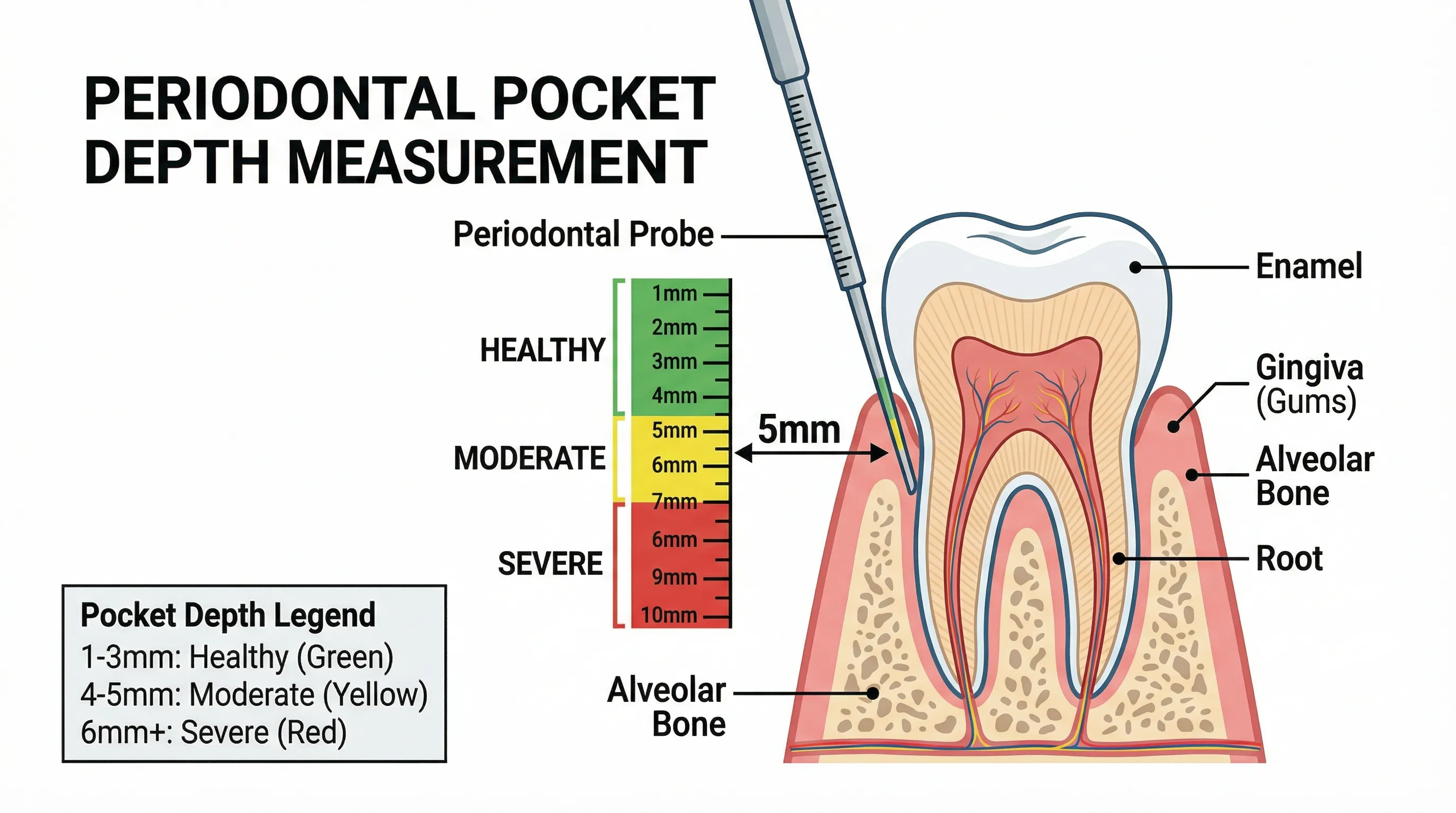 Gum pocket depth measurement chart showing healthy vs diseased ranges